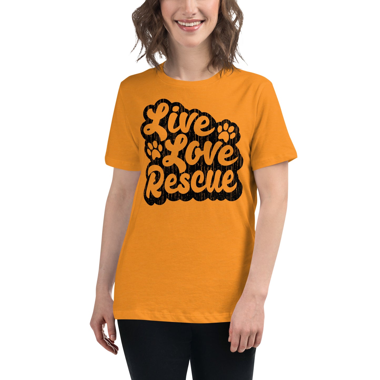 Live love rescue retro women’s relaxed fit t-shirts by Dog Artistry heather marmalade color