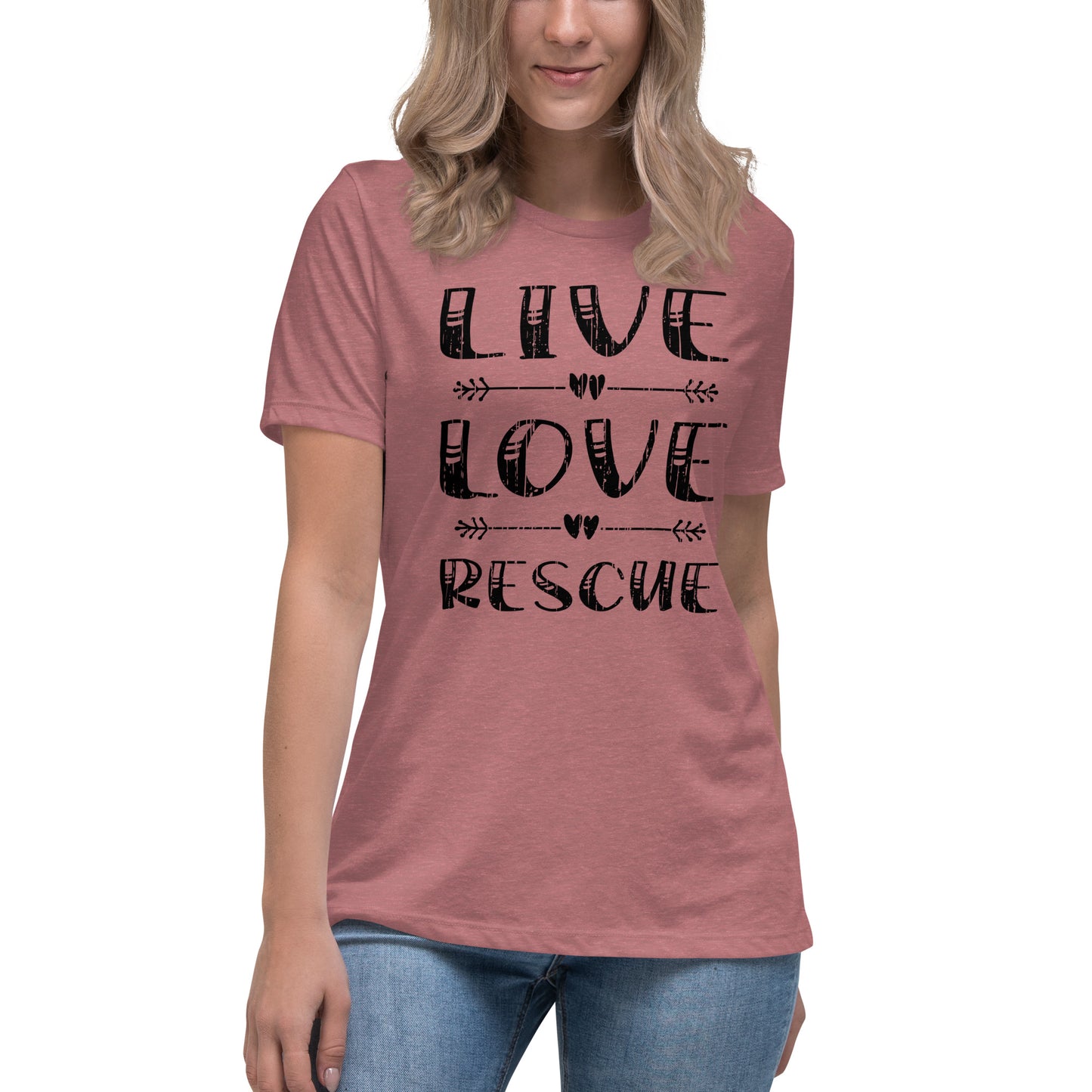 Live love rescue women’s relaxed fit t-shirts by Dog Artistry heather mauve color