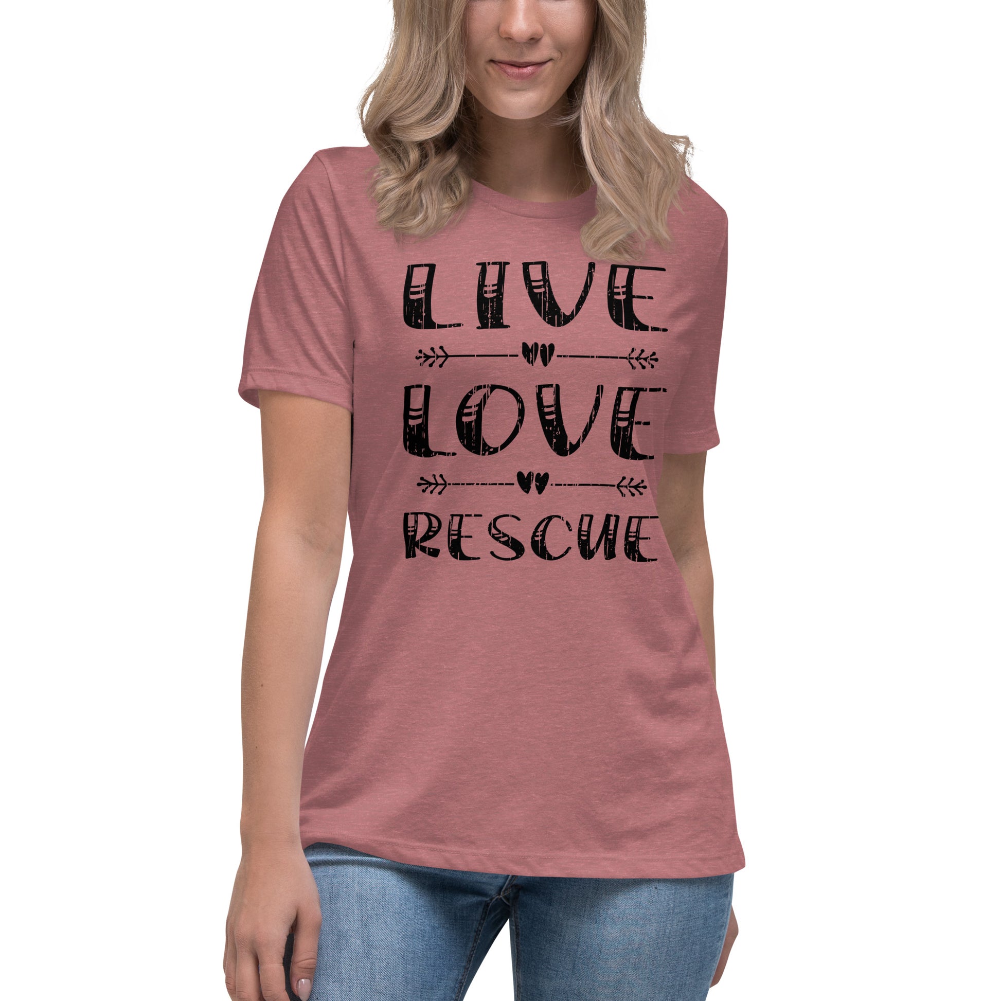 Live love rescue women’s relaxed fit t-shirts by Dog Artistry heather mauve color