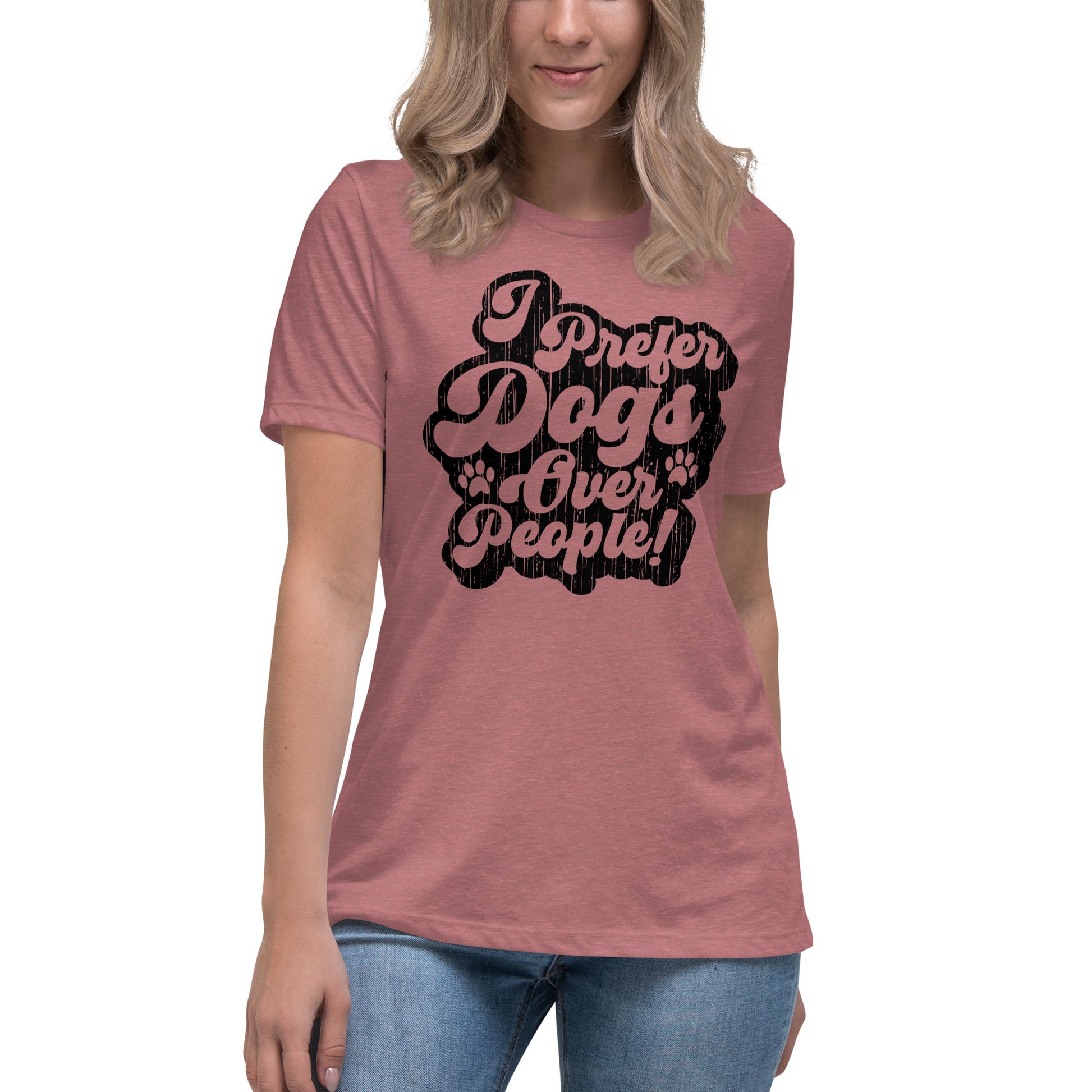 I prefer dogs over people women’s relaxed fit t-shirts by Dog Artistry heather mauve color