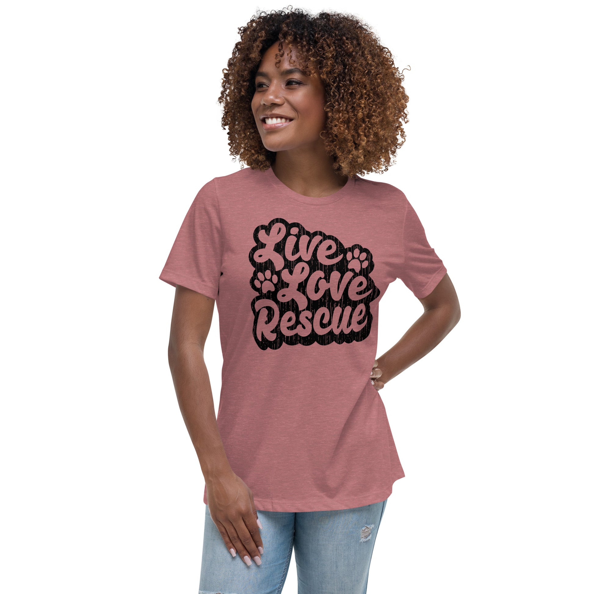 Live love rescue retro women’s relaxed fit t-shirts by Dog Artistry heather mauve color