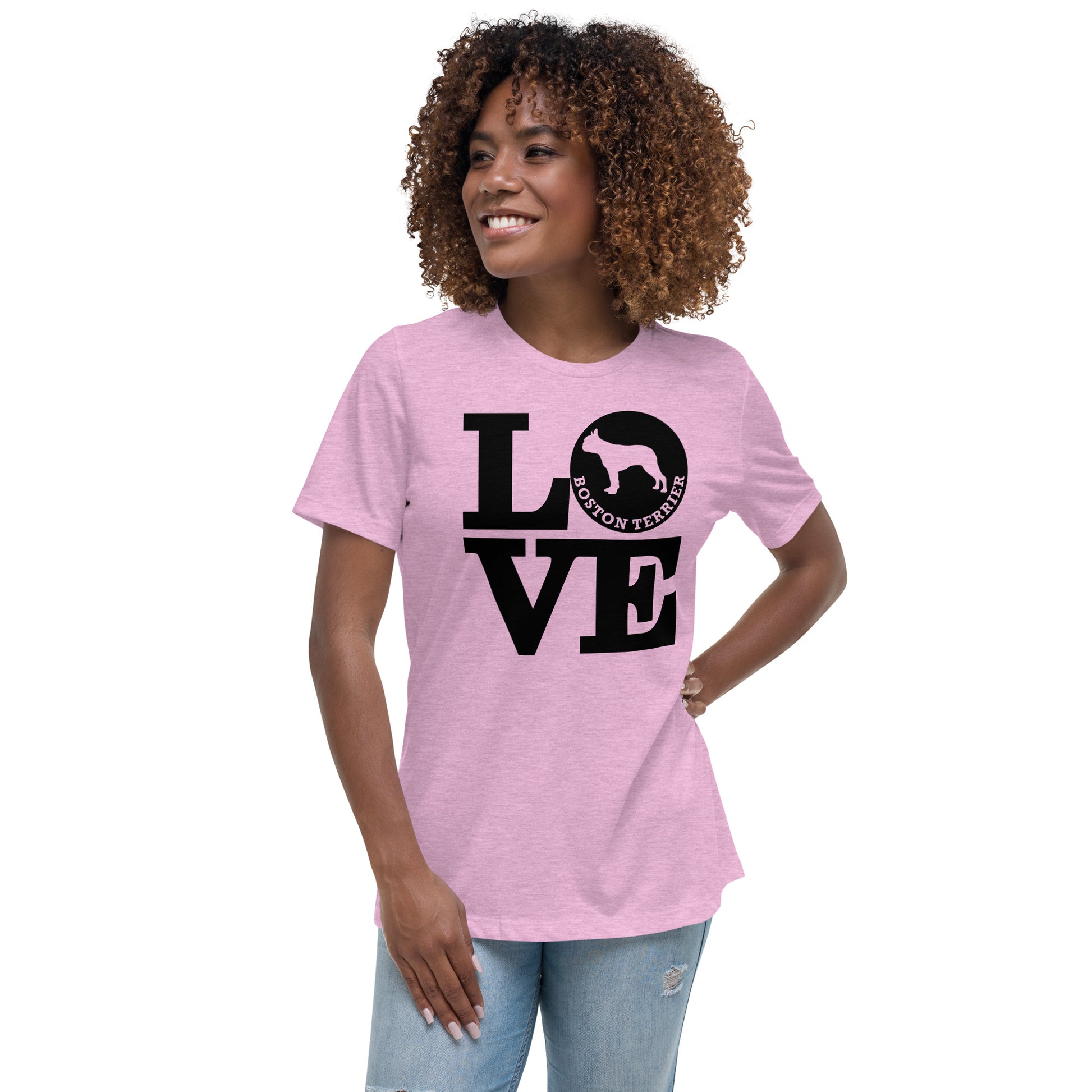 Boston Terrier Love women’s heather prism lilac t-shirt by Dog Artistry.