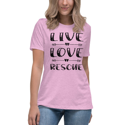 Live love rescue women’s relaxed fit t-shirts by Dog Artistry heather prism lilac color