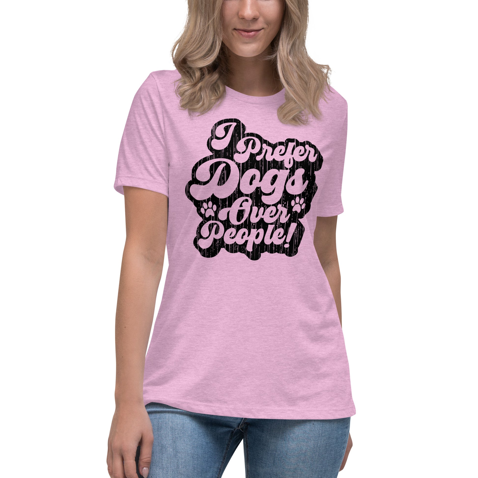 I prefer dogs over people women’s relaxed fit t-shirts by Dog Artistry heather prism lilac color