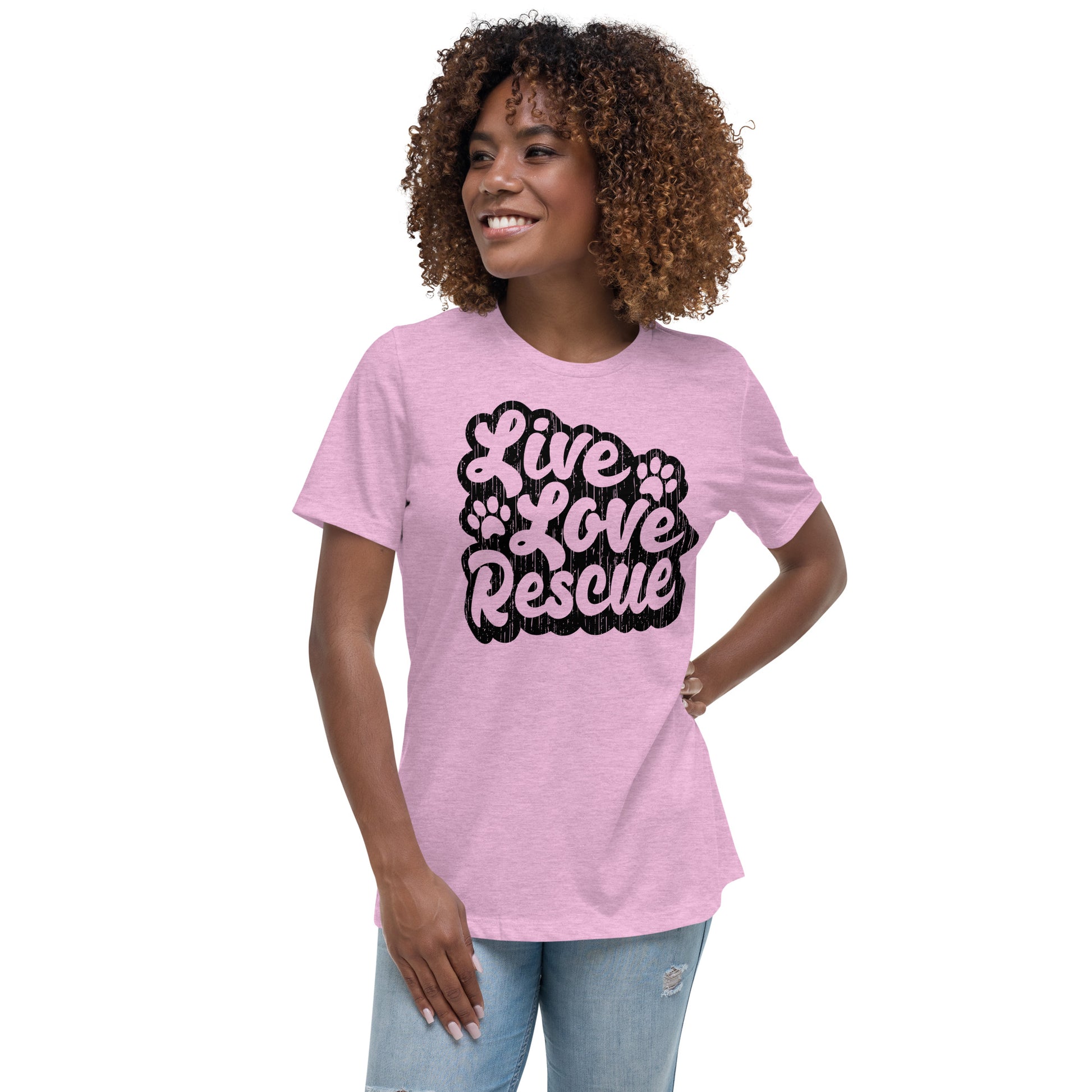 Live love rescue retro women’s relaxed fit t-shirts by Dog Artistry heather prism lilac color