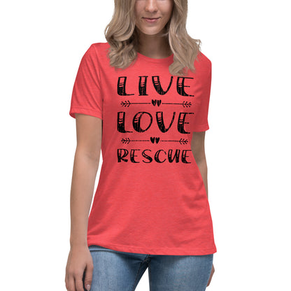 Live love rescue women’s relaxed fit t-shirts by Dog Artistry heather red color