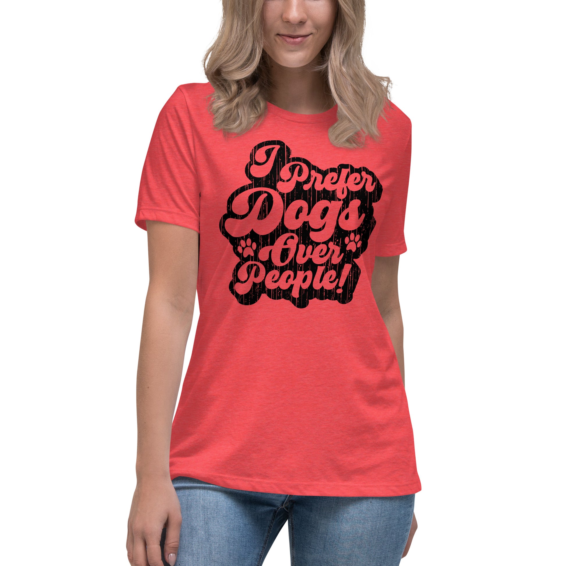 I prefer dogs over people women’s relaxed fit t-shirts by Dog Artistry heather red color
