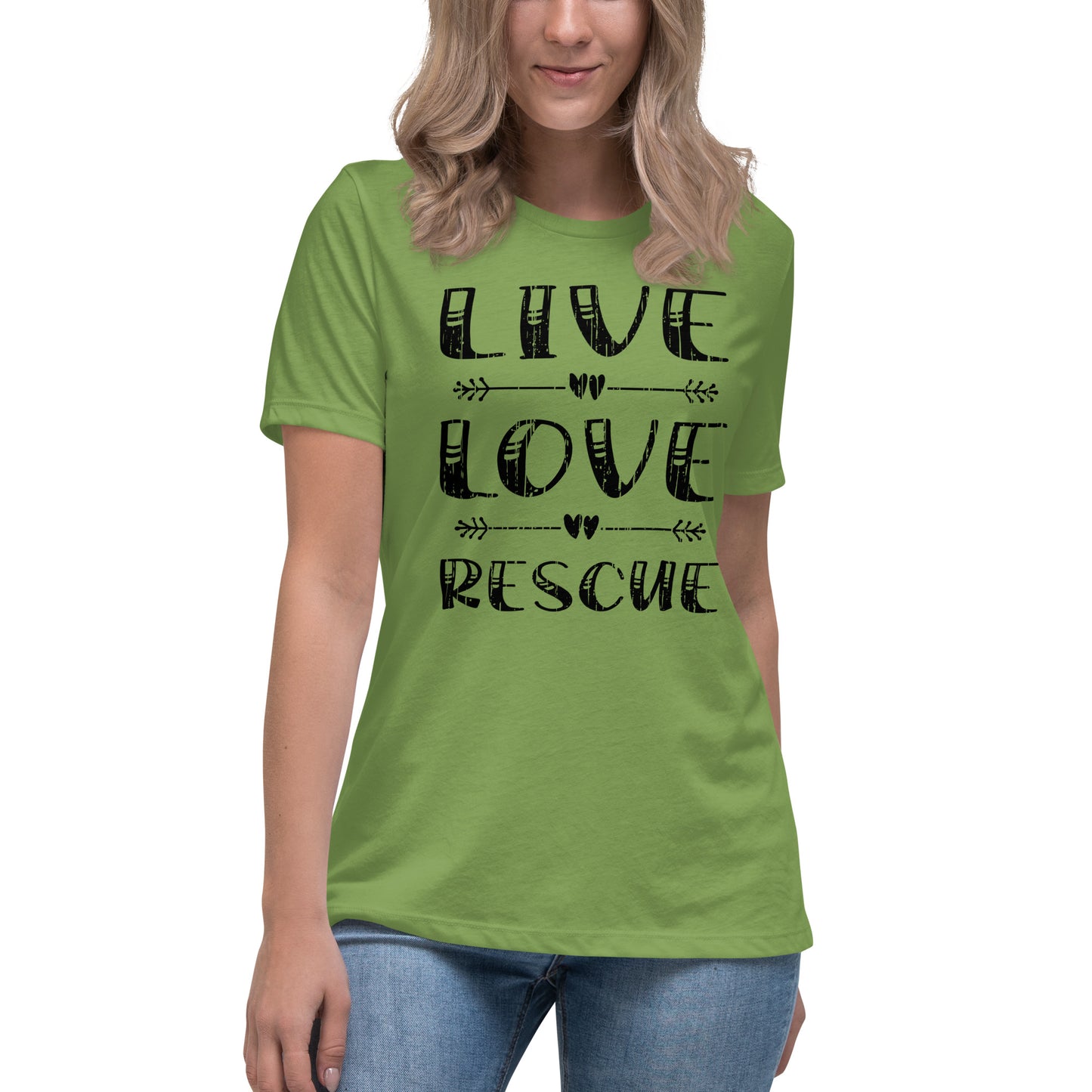 Live love rescue women’s relaxed fit t-shirts by Dog Artistry leaf color