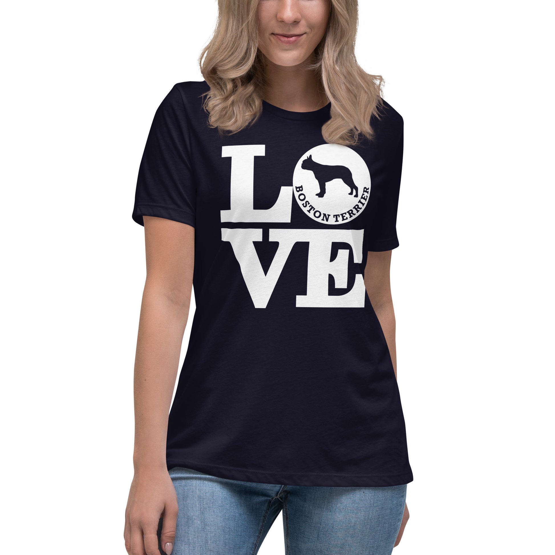 Boston Terrier Love women’s navy t-shirt by Dog Artistry.