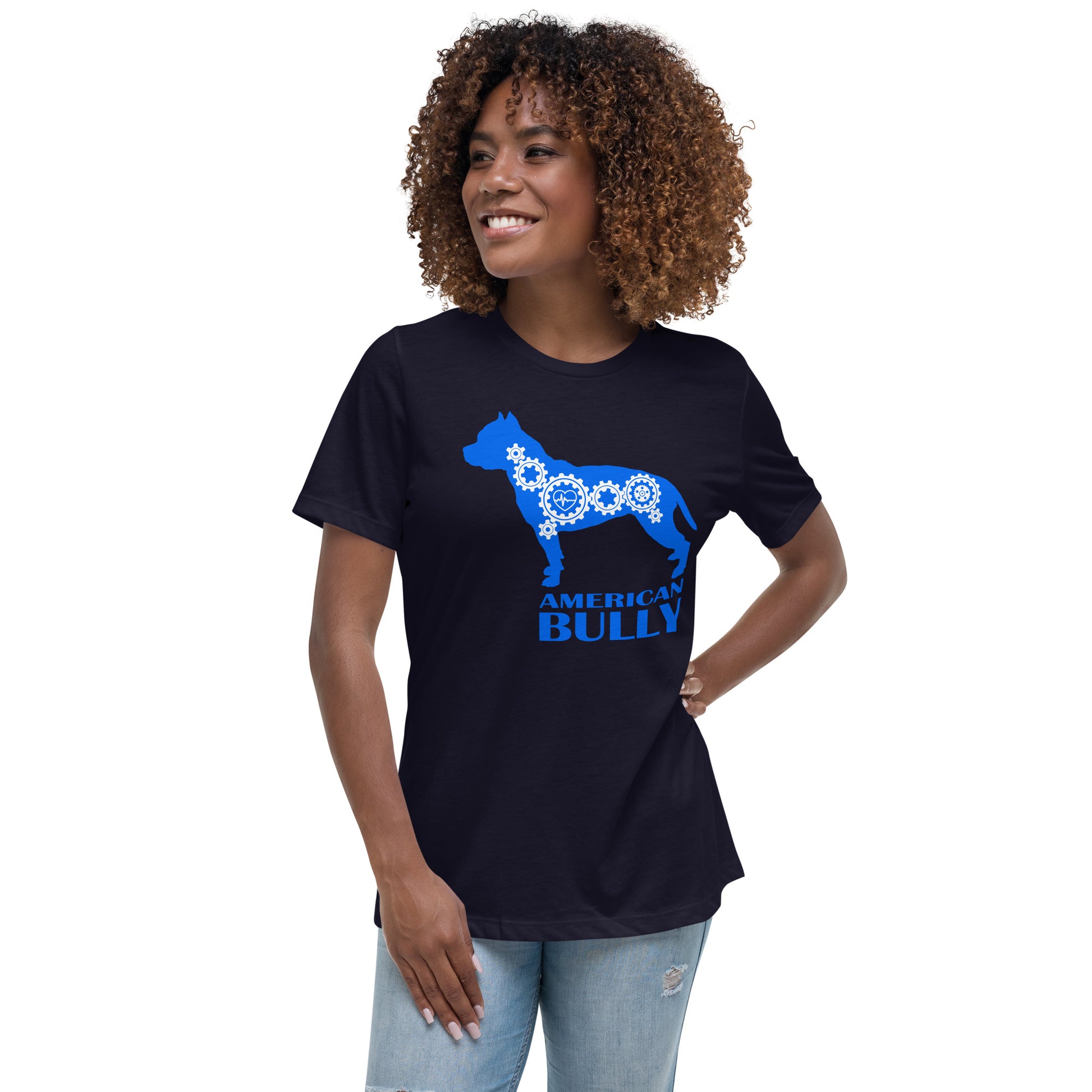 American Bully Bionic women’s navy t-shirt by Dog Artistry.