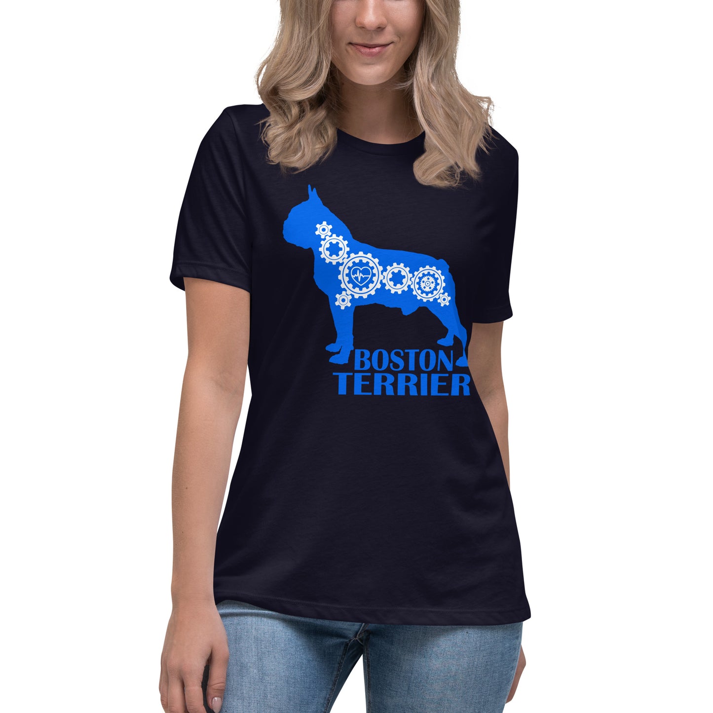 Boston Terrier Bionic women’s navy t-shirt by Dog Artistry.