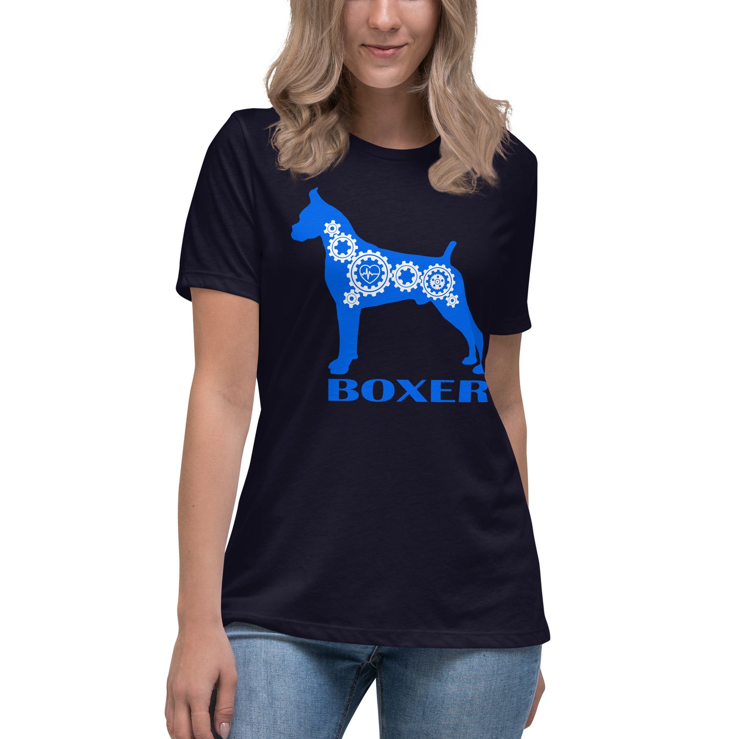 Boxer Bionic women’s navy t-shirt by Dog Artistry.