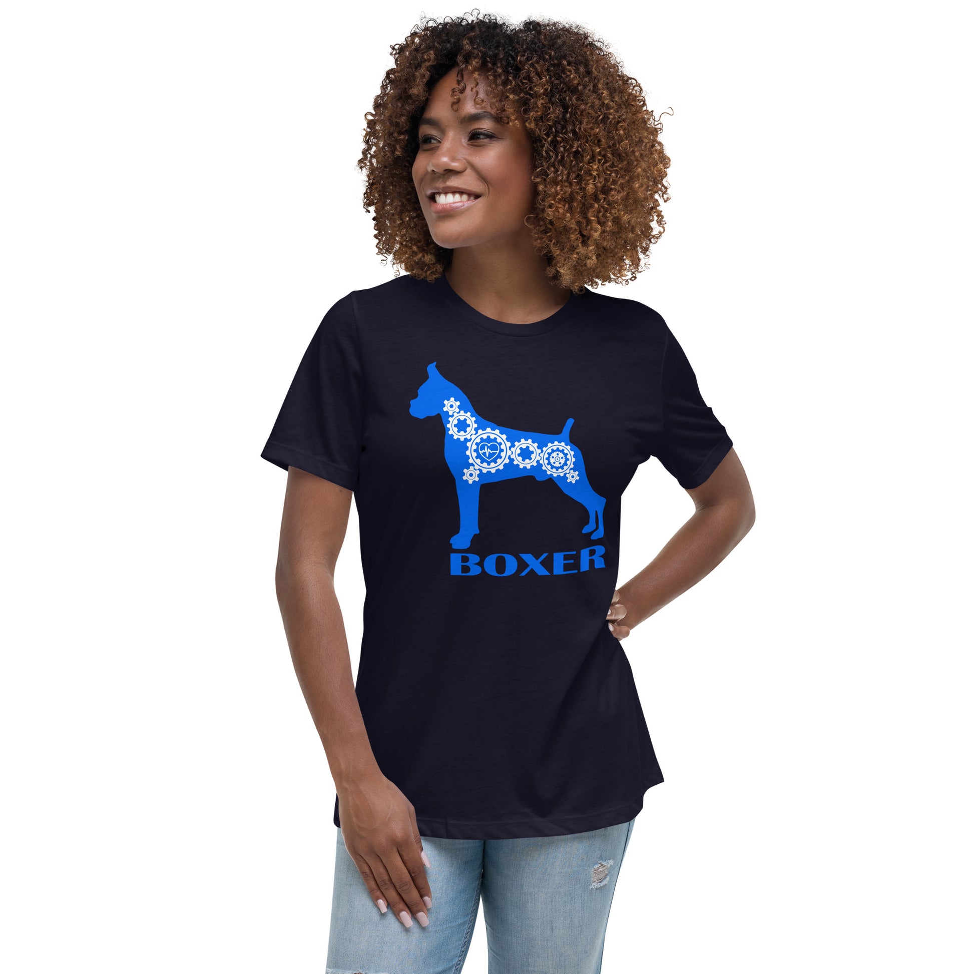 Boxer Bionic women’s navy t-shirt by Dog Artistry.