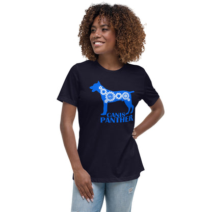 Canis Panther Bionic women’s navy t-shirt by Dog Artistry.