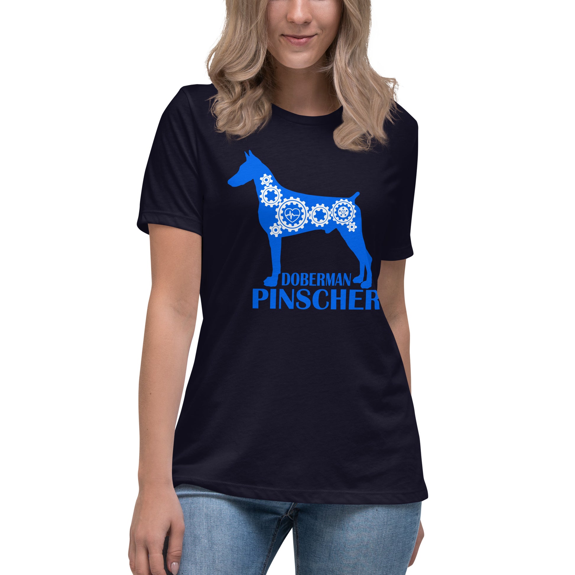 Doberman Pinscher Bionic women’s navy t-shirt by Dog Artistry.