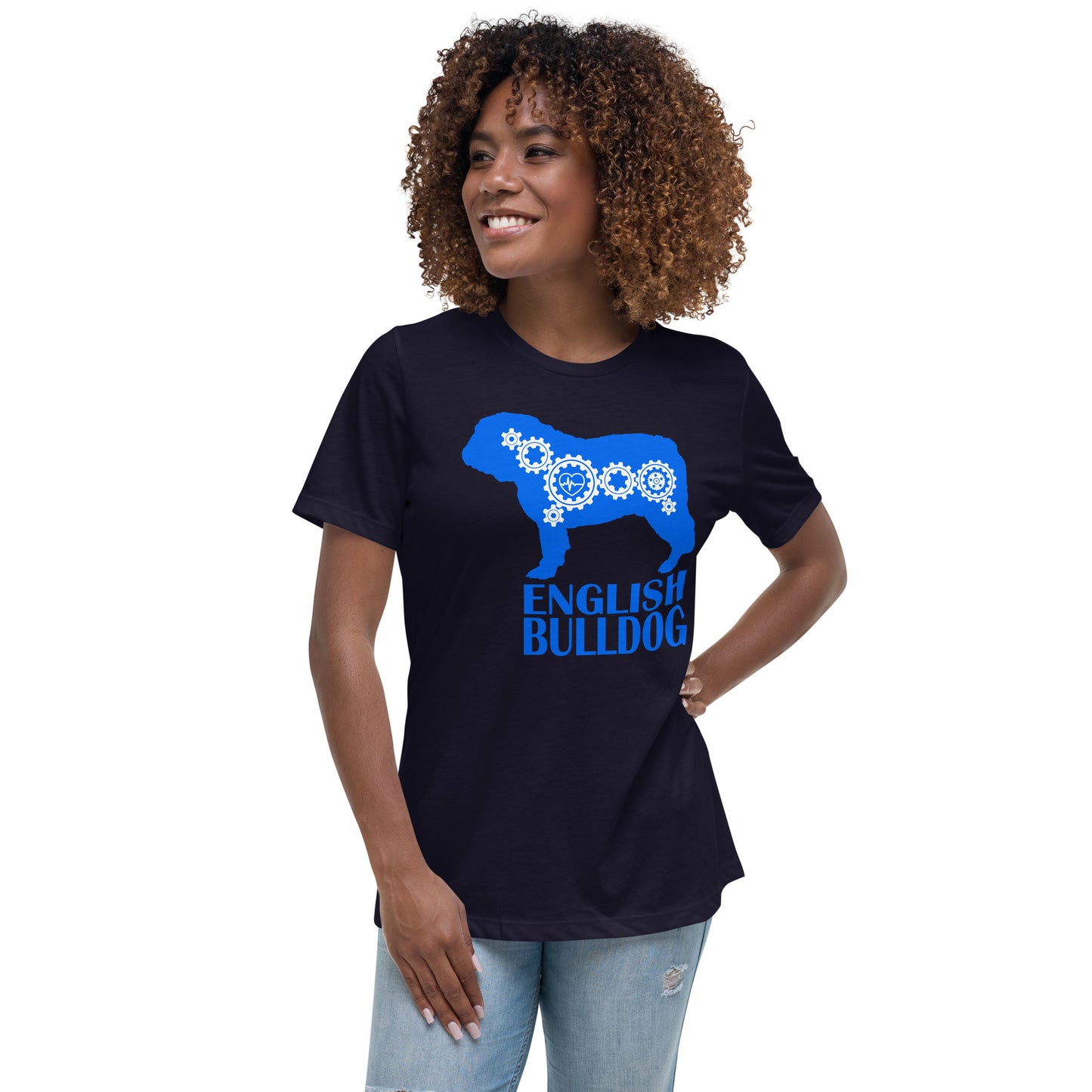 English Bulldog Bionic women’s navy t-shirt by Dog Artistry.