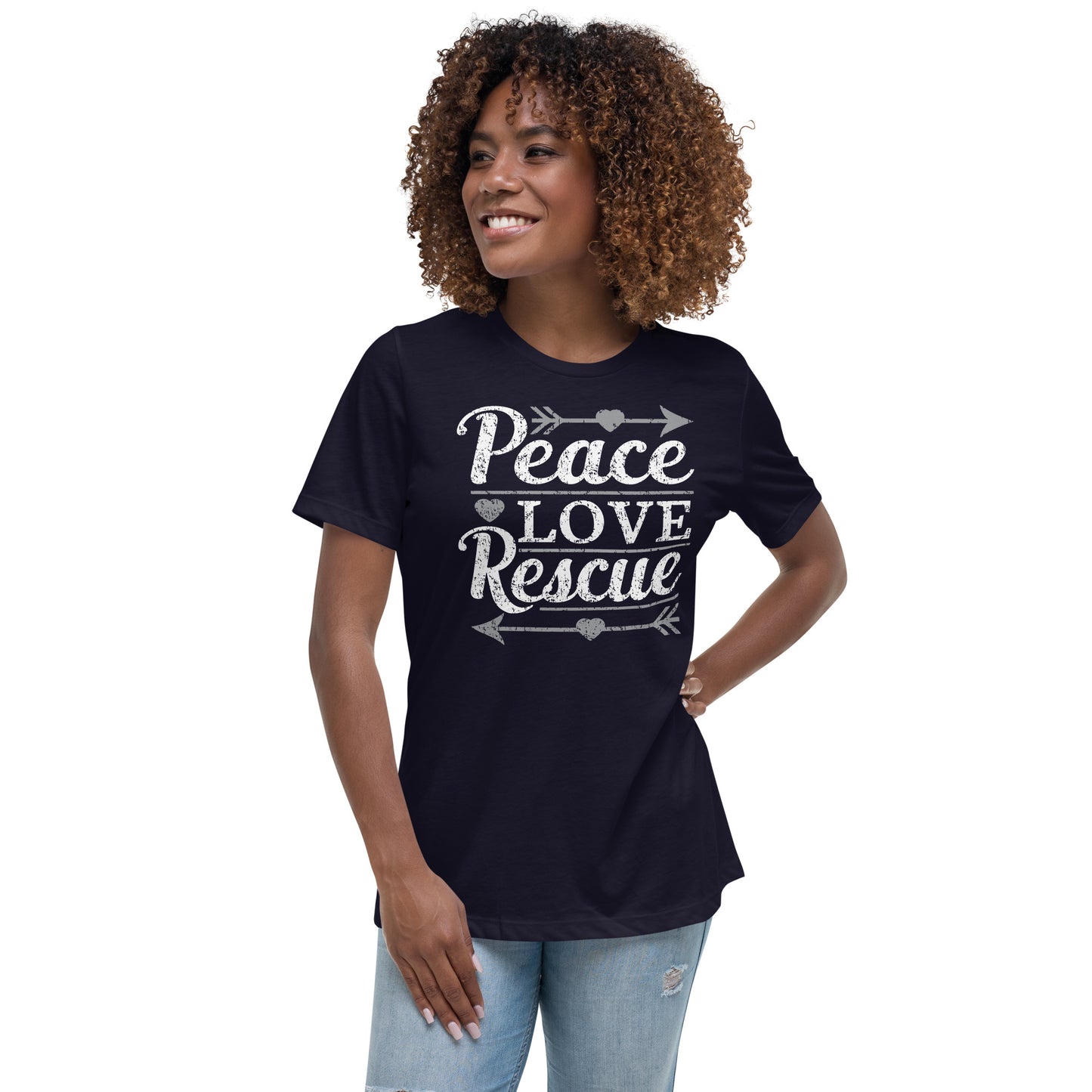 Peace love rescue women’s relaxed fit t-shirts by Dog Artistry navy color