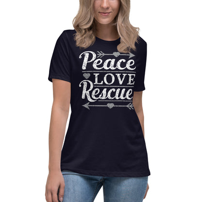 Peace love rescue women’s relaxed fit t-shirts by Dog Artistry navy color