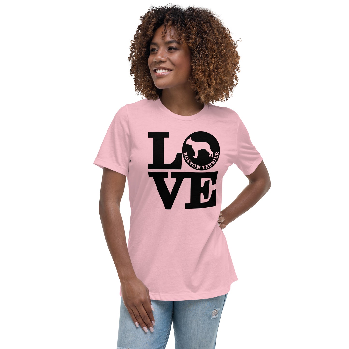 Boston Terrier Love women’s pink t-shirt by Dog Artistry.