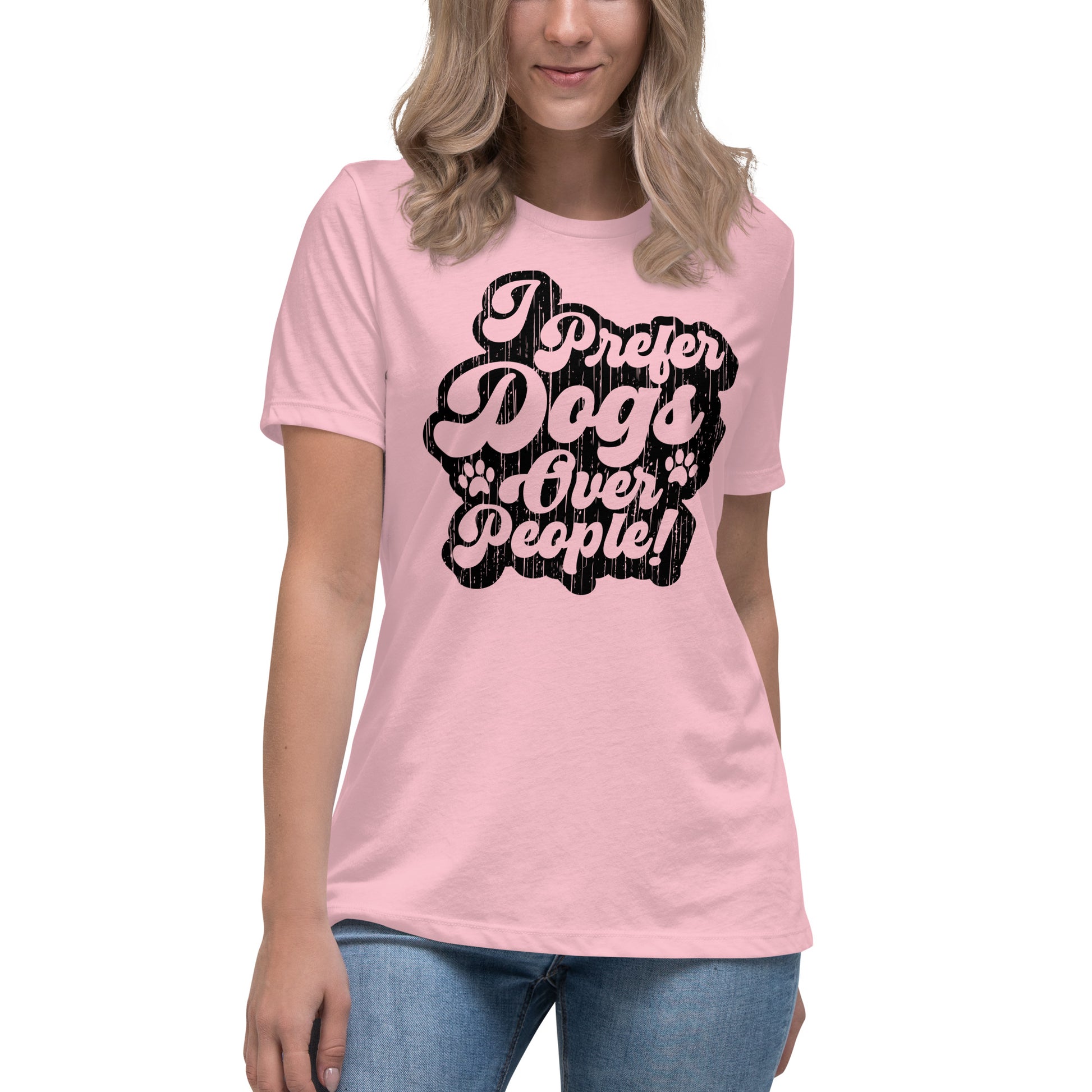 I prefer dogs over people women’s relaxed fit t-shirts by Dog Artistry pink color