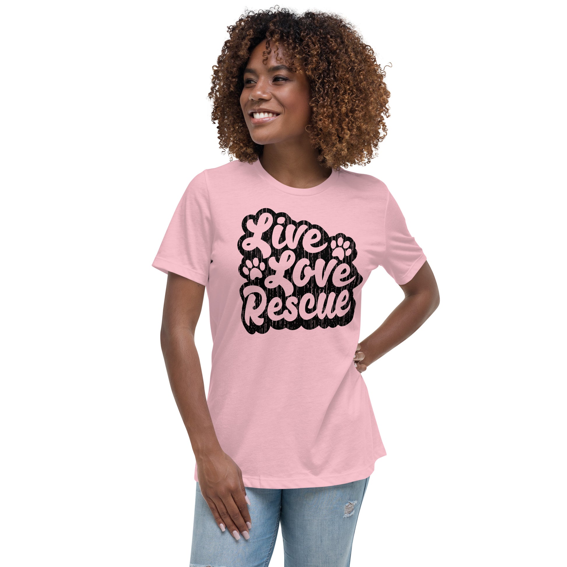 Live love rescue retro women’s relaxed fit t-shirts by Dog Artistry pink color