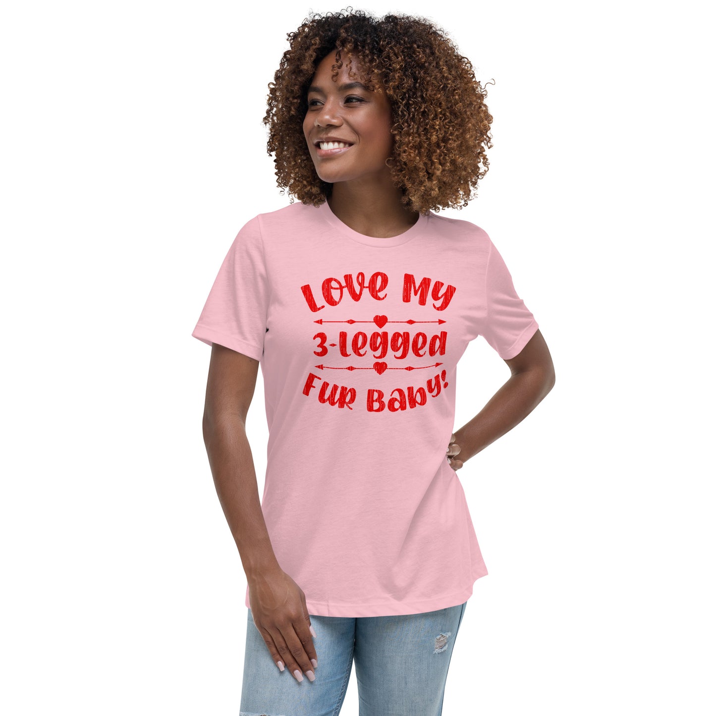 Love my 3-legged fur baby women’s relaxed fit t-shirts by Dog Artistry pink