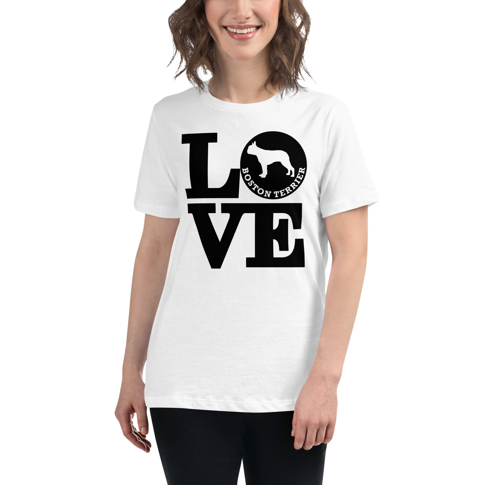 Boston Terrier Love women’s white t-shirt by Dog Artistry.