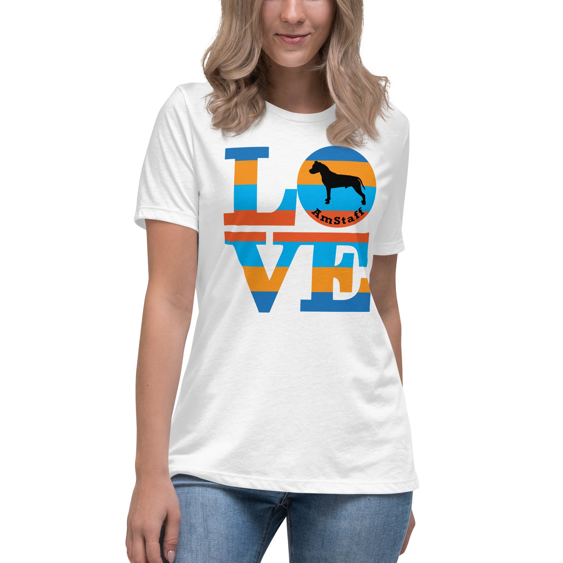 American Staffordshire Terrier Love women’s white t-shirt by Dog Artistry.