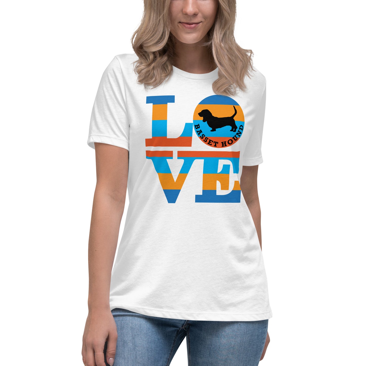 Basset Hound Love women’s white t-shirt by Dog Artistry.