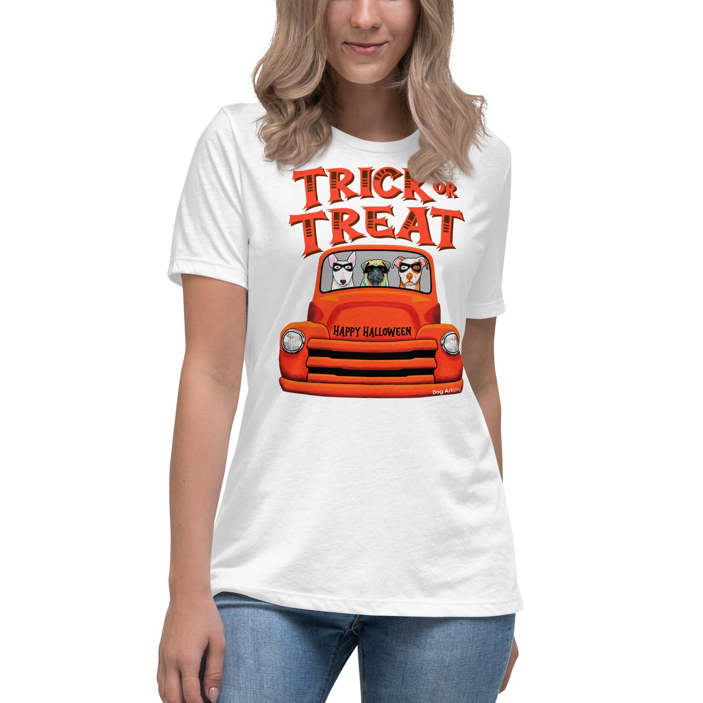 Trick or Treat Halloween old orange truck with English Bull Terrier, Pug, and American Pit Bull wearing masks women’s white t-shirt by Dog Artistry.