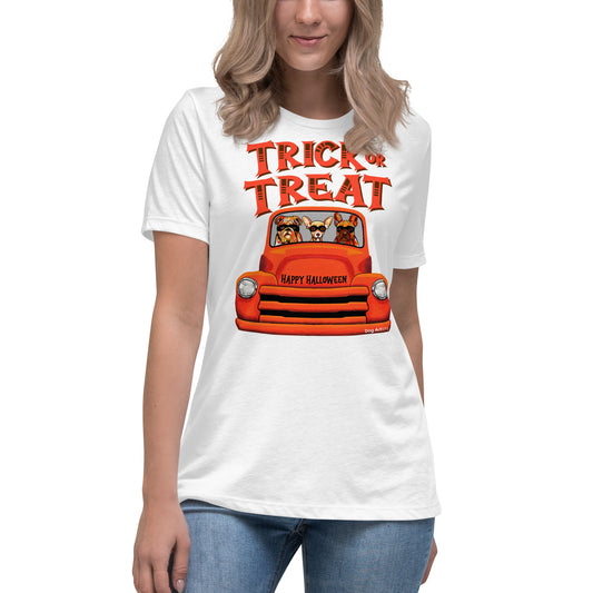 Trick or Treat Halloween old orange truck with English Bulldog, Chihuahua, and French Bulldog wearing masks women’s white t-shirt by Dog Artistry.
