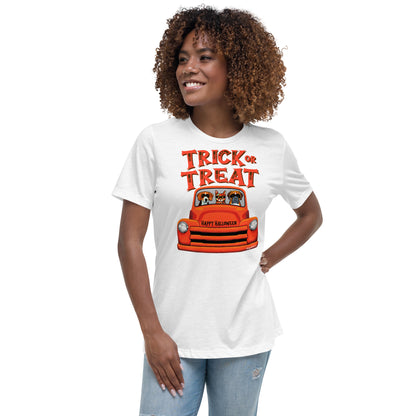 Trick or Treat Halloween old orange truck with Beagle, Cat, and Boxer wearing masks women’s white t-shirt by Dog Artistry.