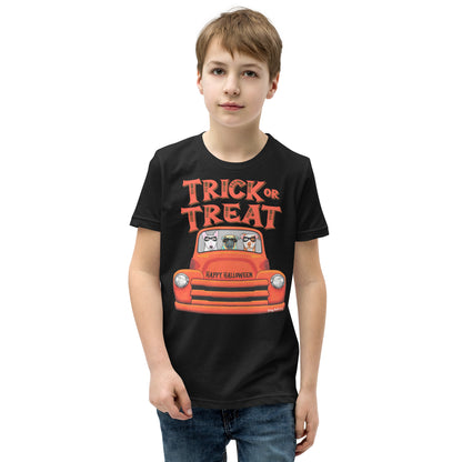 Trick or Treat Halloween old orange truck with English Bull Terrier, Pug, and American Pit Bull wearing masks youth black t-shirt by Dog Artistry.