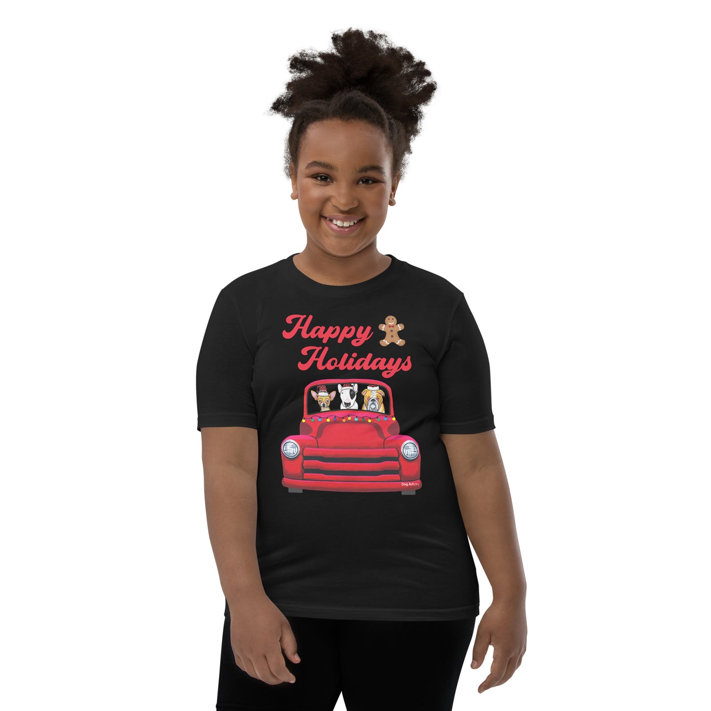 Red Holiday truck with Chihuahua, English Bull Terrier, and English Bulldog riding in it youth t-shirt black by Dog Artistry
