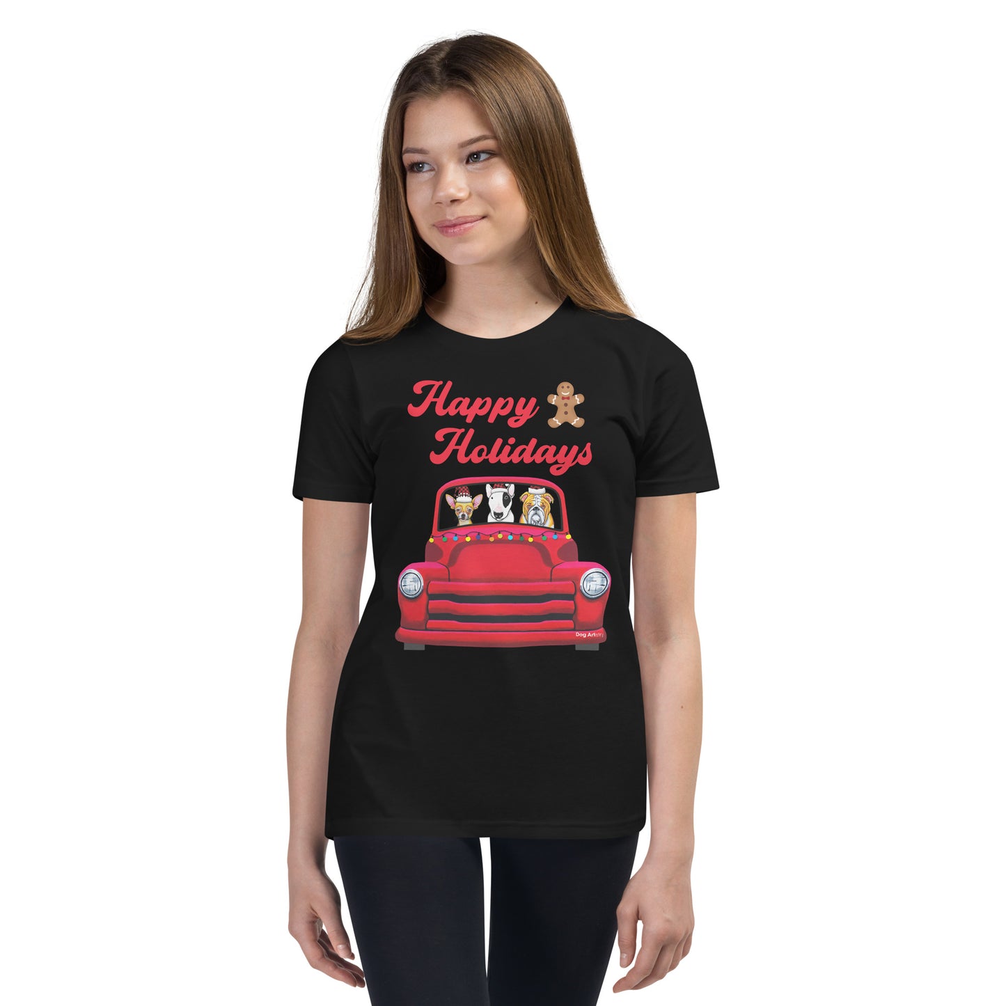 Red Holiday truck with Chihuahua, English Bull Terrier, and English Bulldog riding in it youth t-shirt black by Dog Artistry