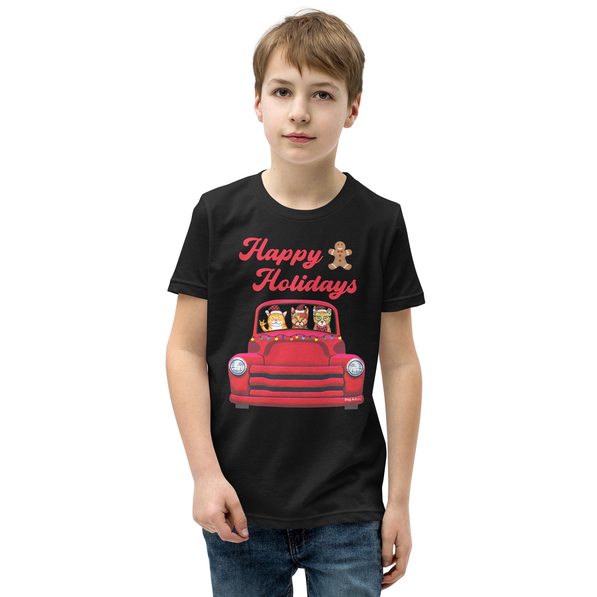 Red Holiday truck with 3 cats riding in it youth t-shirt black by Dog Artistry