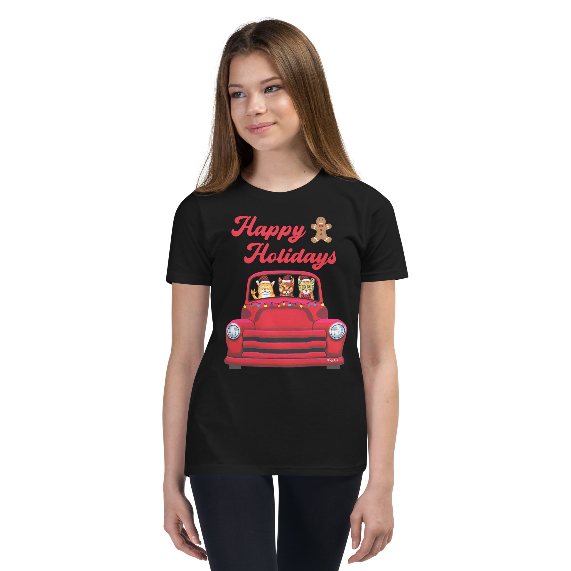 Red Holiday truck with 3 cats riding in it youth t-shirt black by Dog Artistry