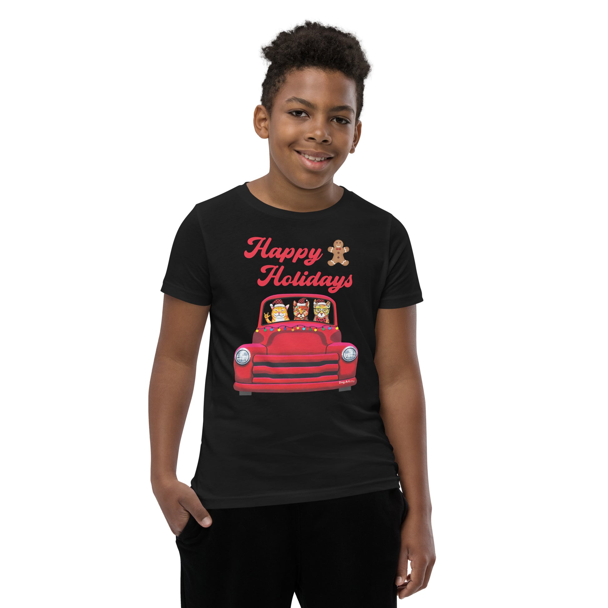 Red Holiday truck with 3 cats riding in it youth t-shirt black by Dog Artistry