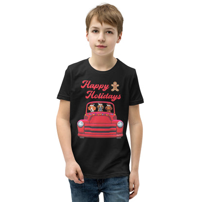 Red Holiday Truck with Beagle, Boxer, and Dachshund youth t-shirt black by Dog Artistry