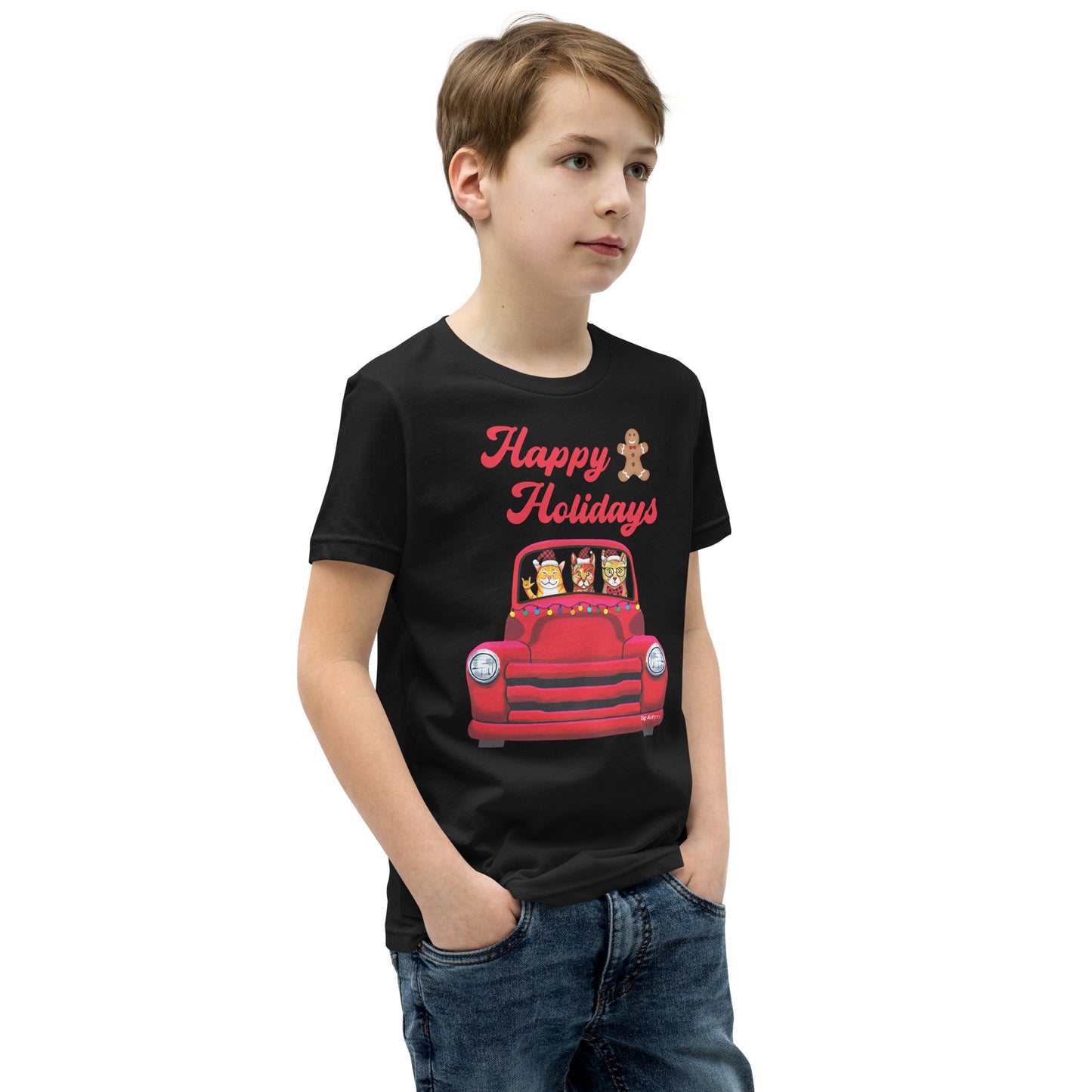 Red Holiday truck with 3 cats riding in it youth t-shirt black by Dog Artistry