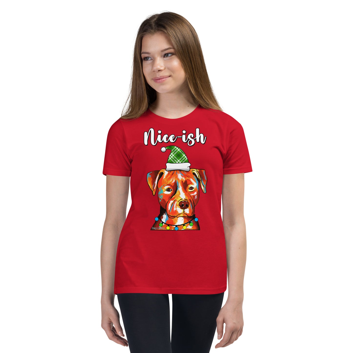 Nice-Ish Amstaff - Pit bull Holiday youth t-shirt red by Dog Artistry.