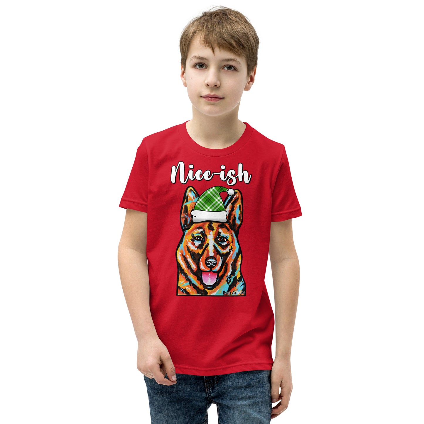 Nice-Ish German Shepherd Holiday youth t-shirt red by Dog Artistry.