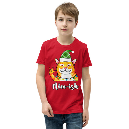 Nice-Ish Cat Holiday youth t-shirt red by Dog Artistry.