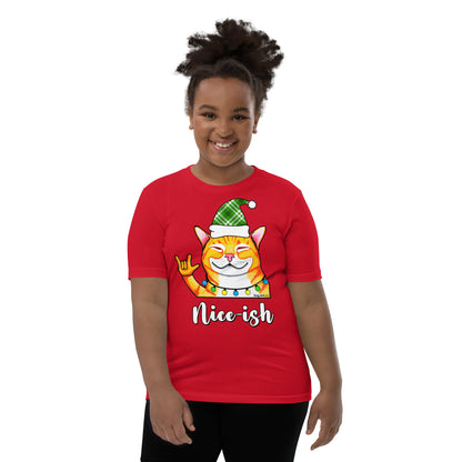 Nice-Ish Cat Holiday youth t-shirt red by Dog Artistry.