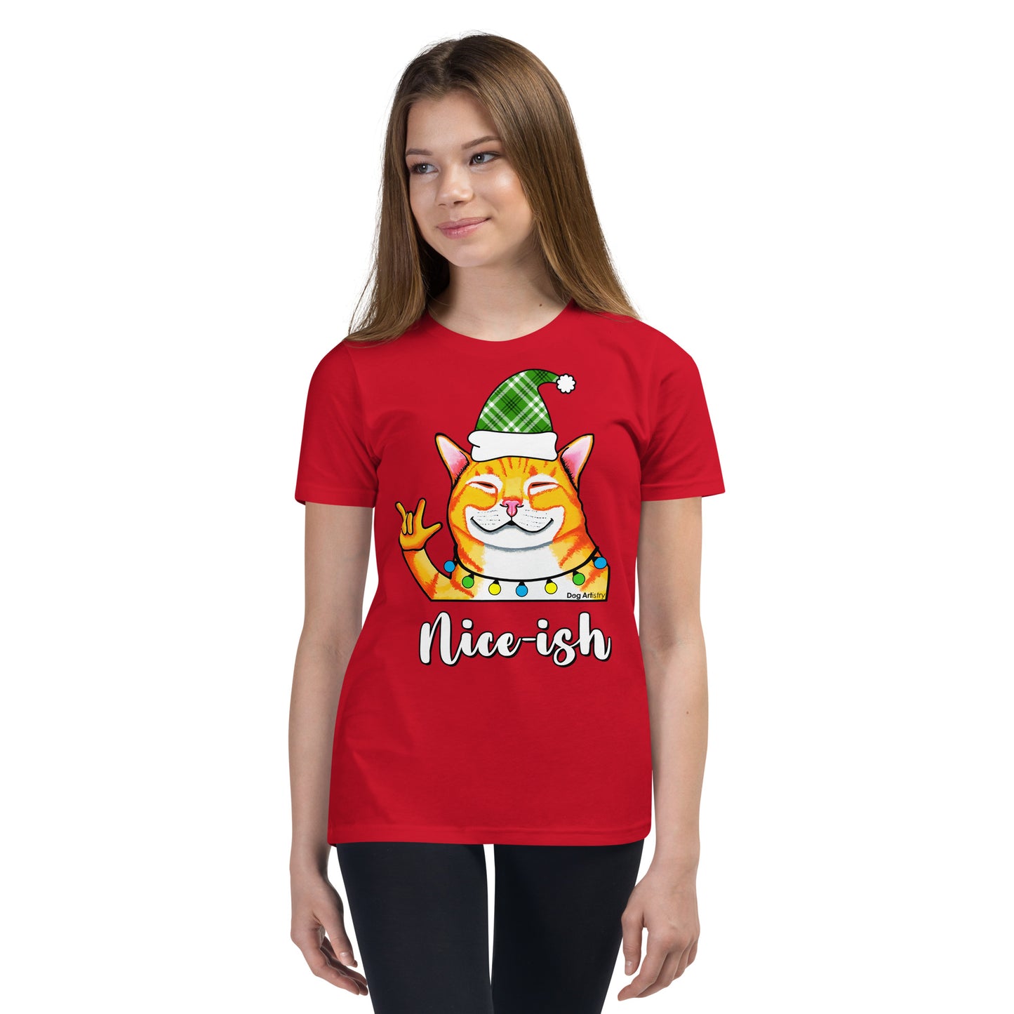 Nice-Ish Cat Holiday youth t-shirt red by Dog Artistry.