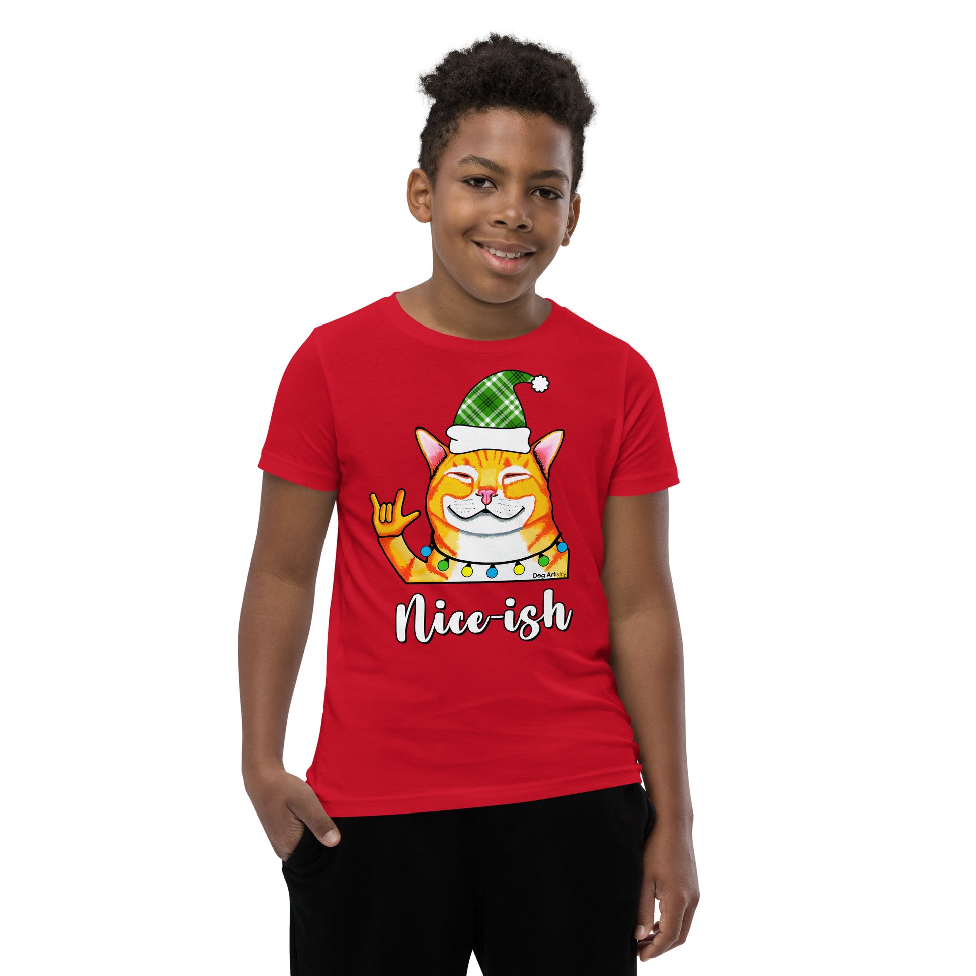 Nice-Ish Cat Holiday youth t-shirt red by Dog Artistry.