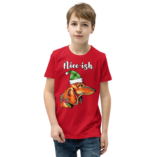 Nice-Ish Dachshund Holiday youth t-shirt red by Dog Artistry.