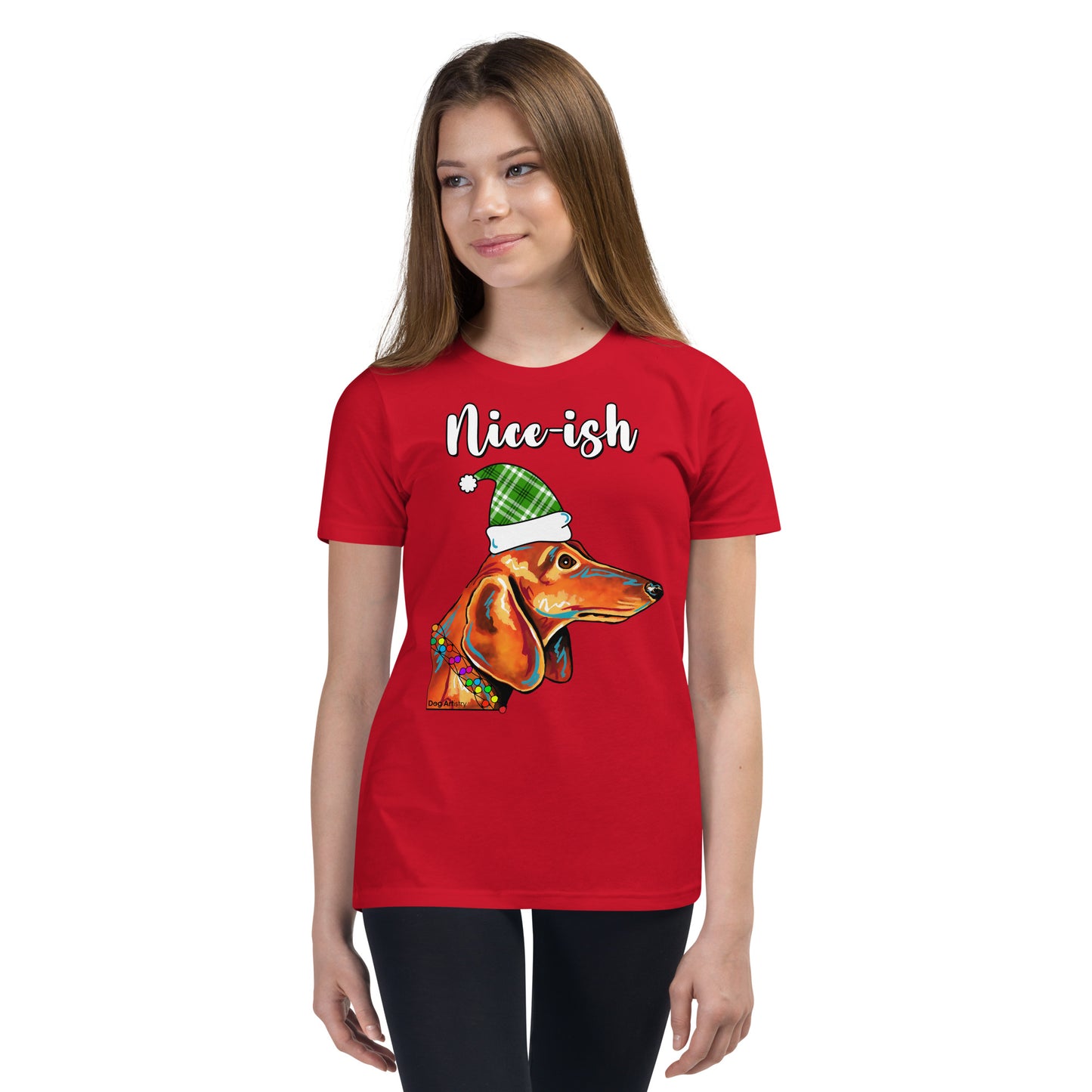 Nice-Ish Dachshund Holiday youth t-shirt red by Dog Artistry.