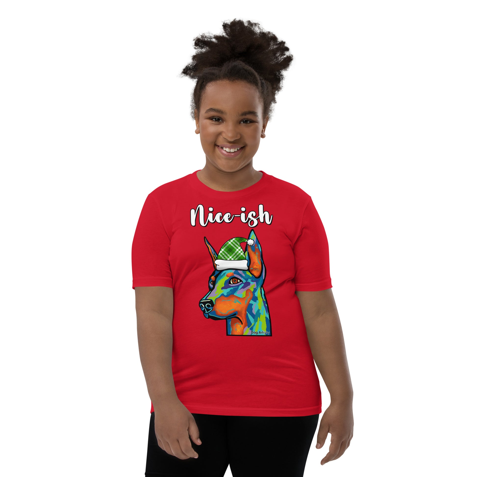 Nice-Ish Doberman Pinscher Holiday youth t-shirt red by Dog Artistry.