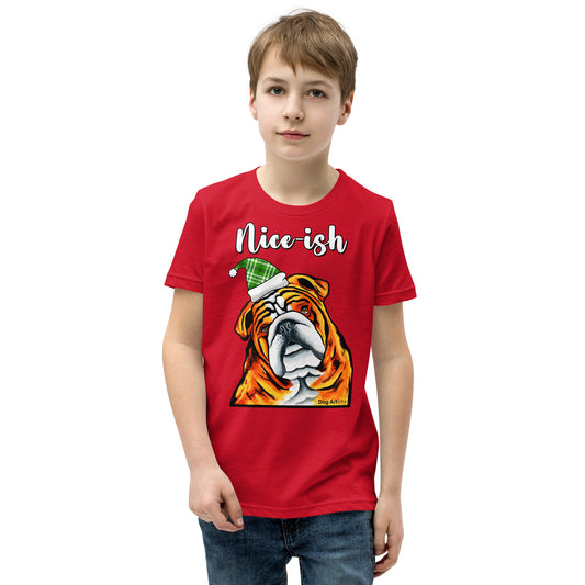 Nice-Ish English Bulldog Holiday youth t-shirt red by Dog Artistry.
